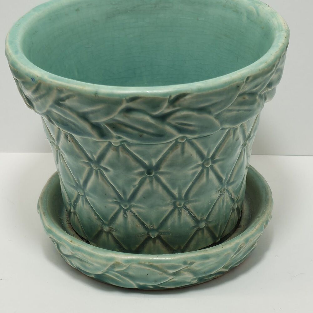 Vintage McCoy Pottery Aqua Teal Green Quilted Diamond Leaf Planter Pot 4"